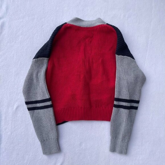 Tommy Hilfiger Colorblock Navy Red Gray Sweater Cardigan Size L Preppy Winter - Picture 2 of 7